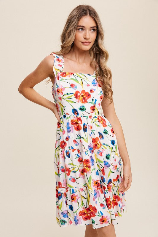 Floral on White Square Neck Tiered Dress