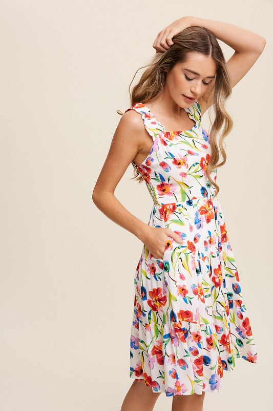 Floral on White Square Neck Tiered Dress