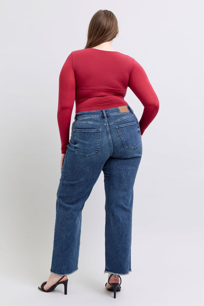 Judy Blue Mid Rise Raw Hem Wide Leg Jeans