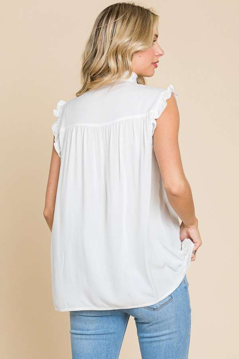 Frill Edge Smocked White Sleeveless Top