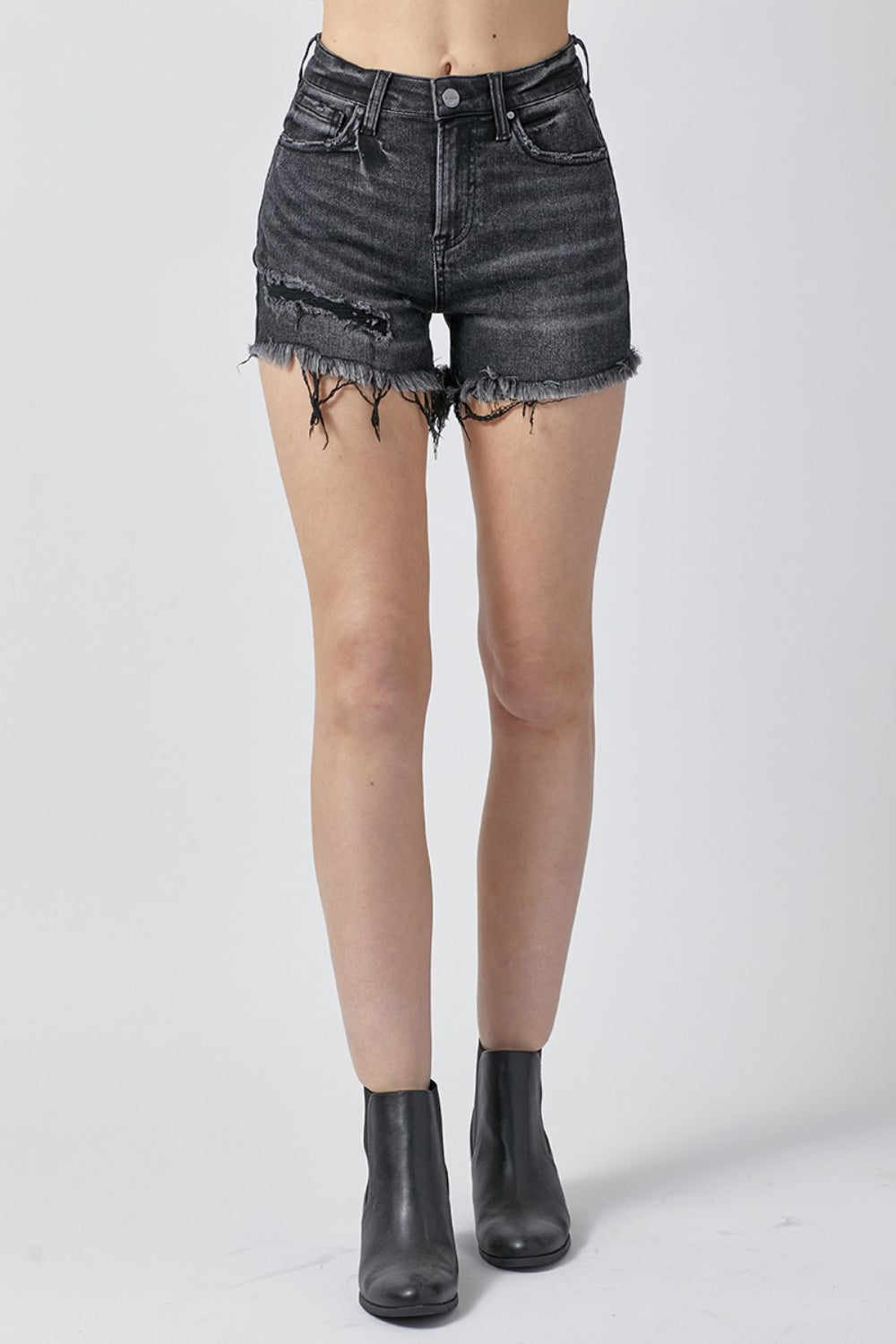 RISEN Raw Hem Denim Shorts with Pockets in Washed Black