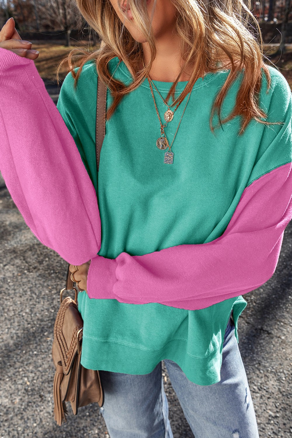 Contrast Sleeve Long Length Sweatshirt