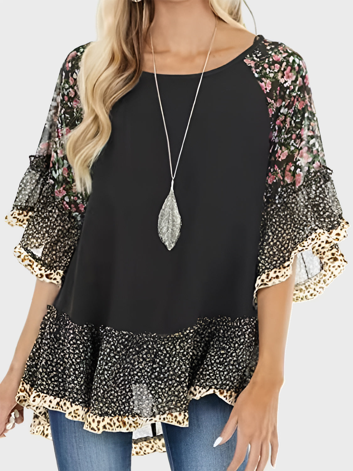 Ruffle Sleeve Mixed Print Blouse - 7 Print/Color Options