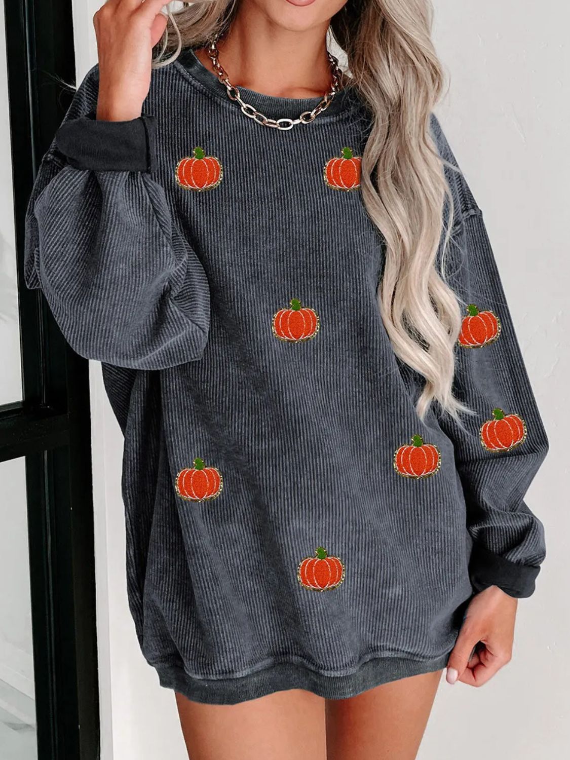 Corded Sweatshirt w/ Chenille Pumpkin Patches - 2 Color Options