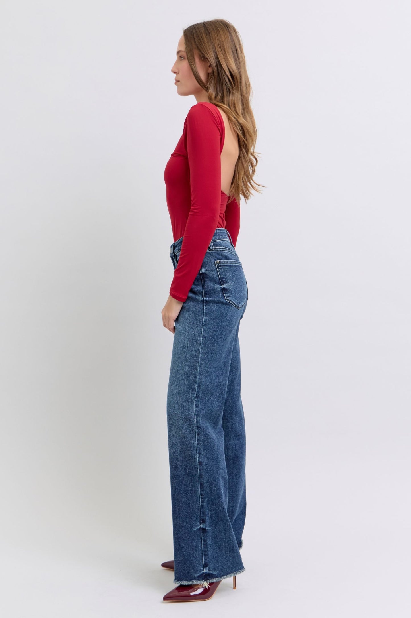 Judy Blue Mid Rise Raw Hem Wide Leg Jeans