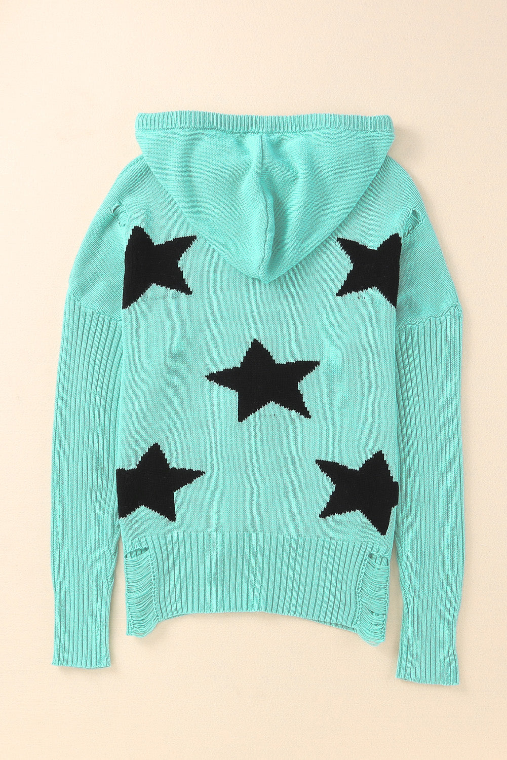 Distressed Hooded Star Sweater in Turquoise