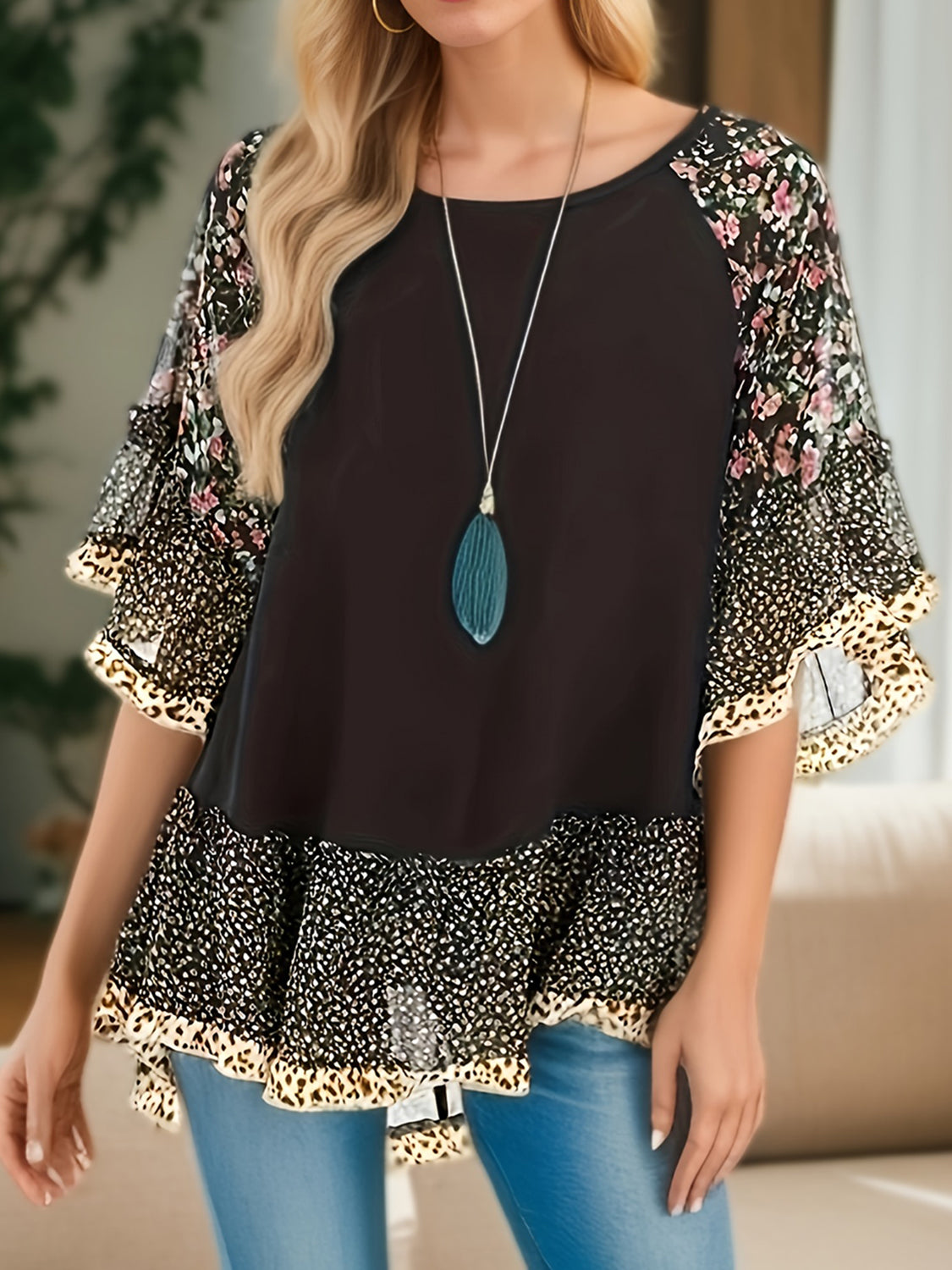 Ruffle Sleeve Mixed Print Blouse - 7 Print/Color Options