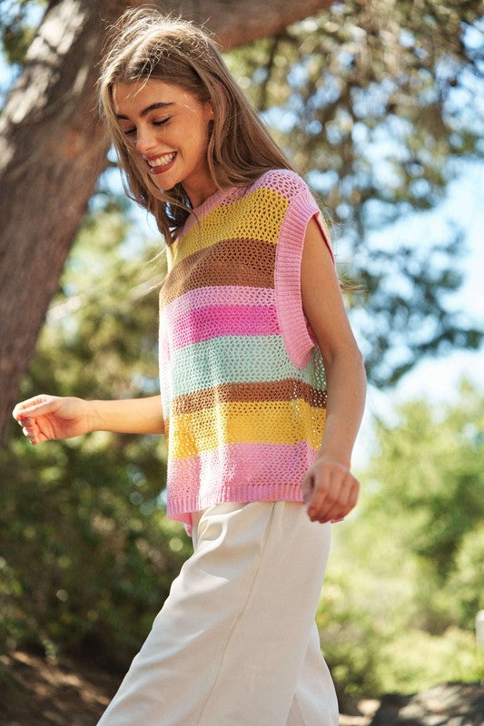 Crochet Multi Striped Pullover Knit Sweater Vest - 2 Color Options