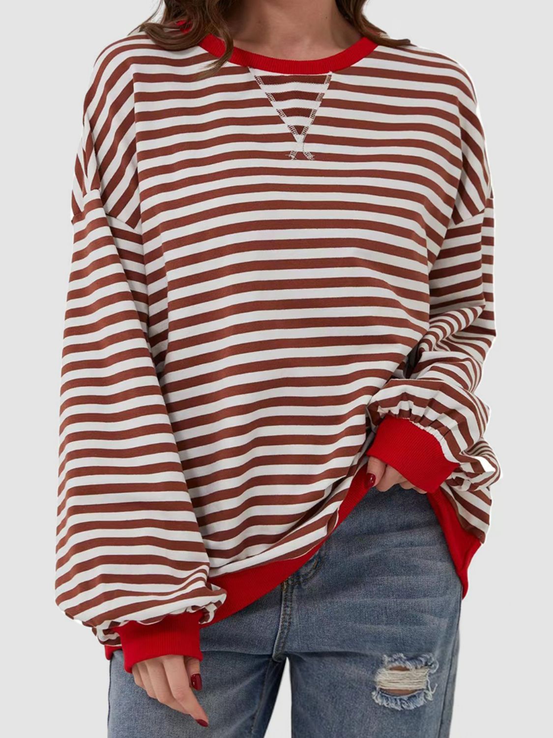 Contrast Striped Long Sleeve Oversized T-Shirt