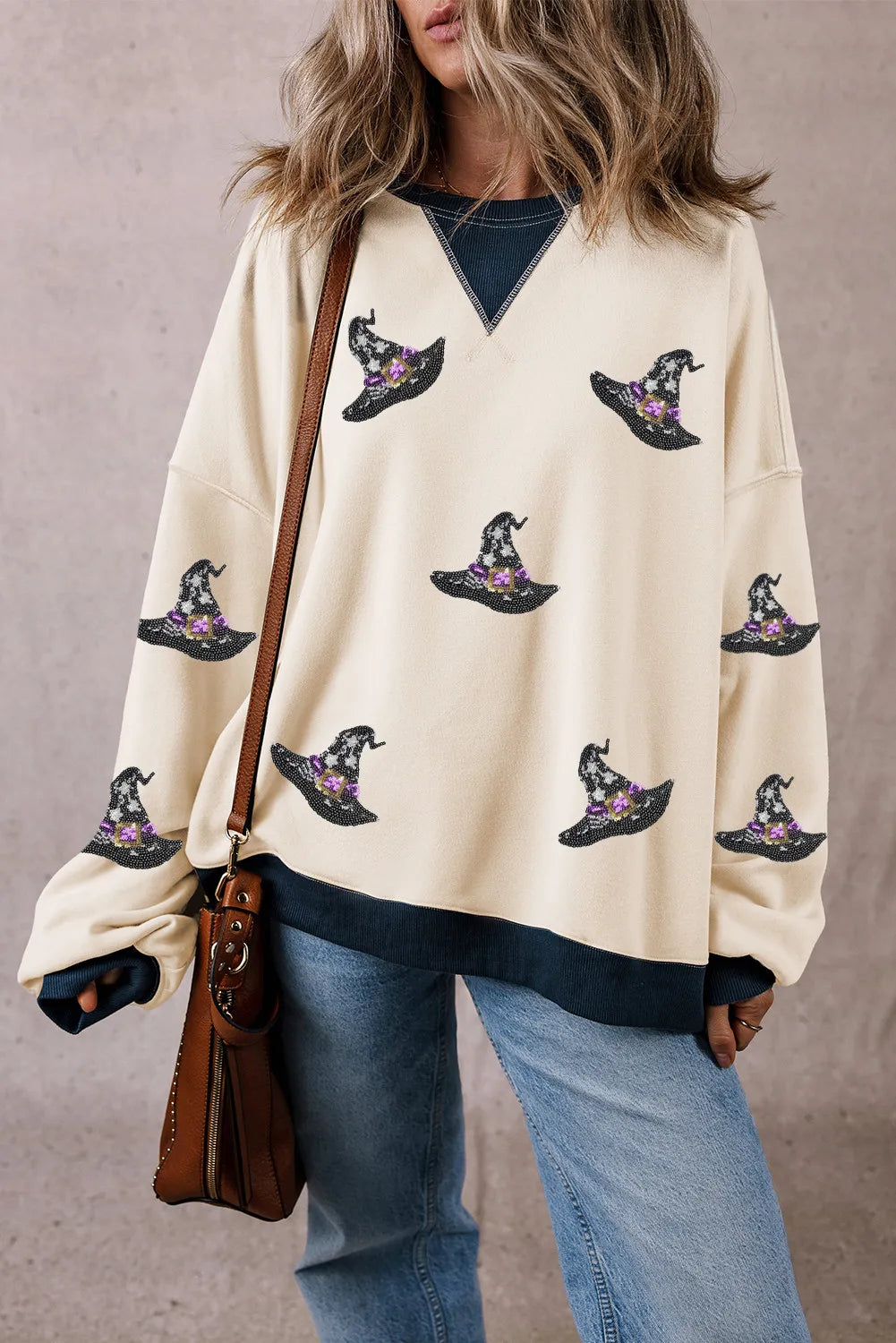 Sequin Witch Hats Print Straight Hem Sweatshirt