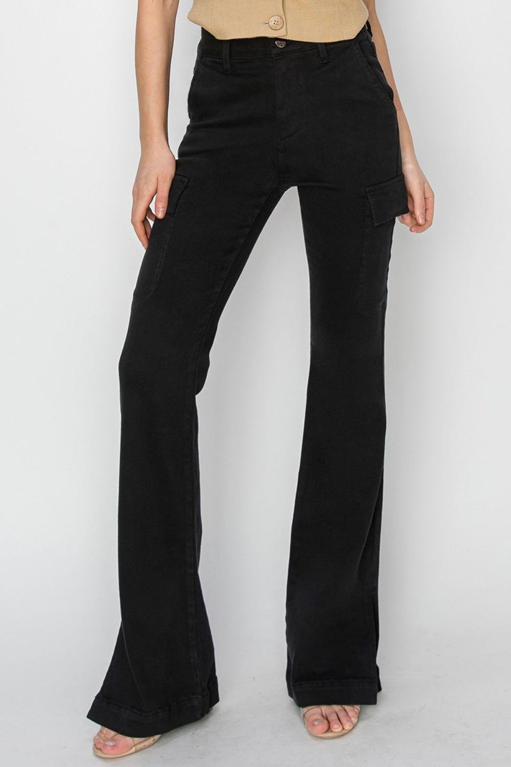 RISEN High Rise Side Slit Cargo Bootcut Jeans in Black