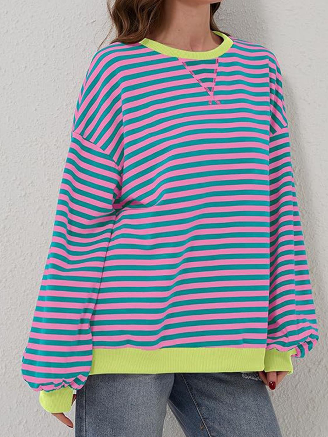 Contrast Striped Long Sleeve Oversized T-Shirt