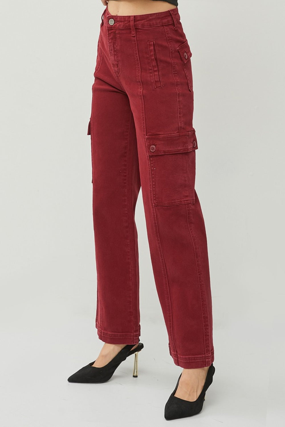 RISEN Wide Leg Cargo Jeans in Wine Red