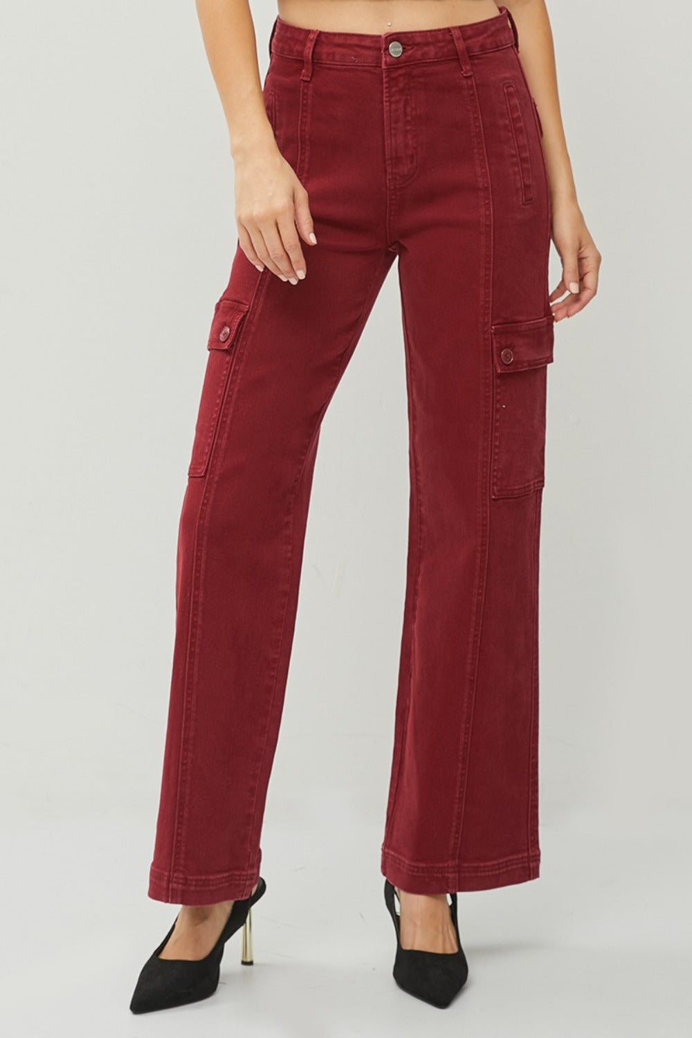 RISEN Wide Leg Cargo Jeans in Wine Red