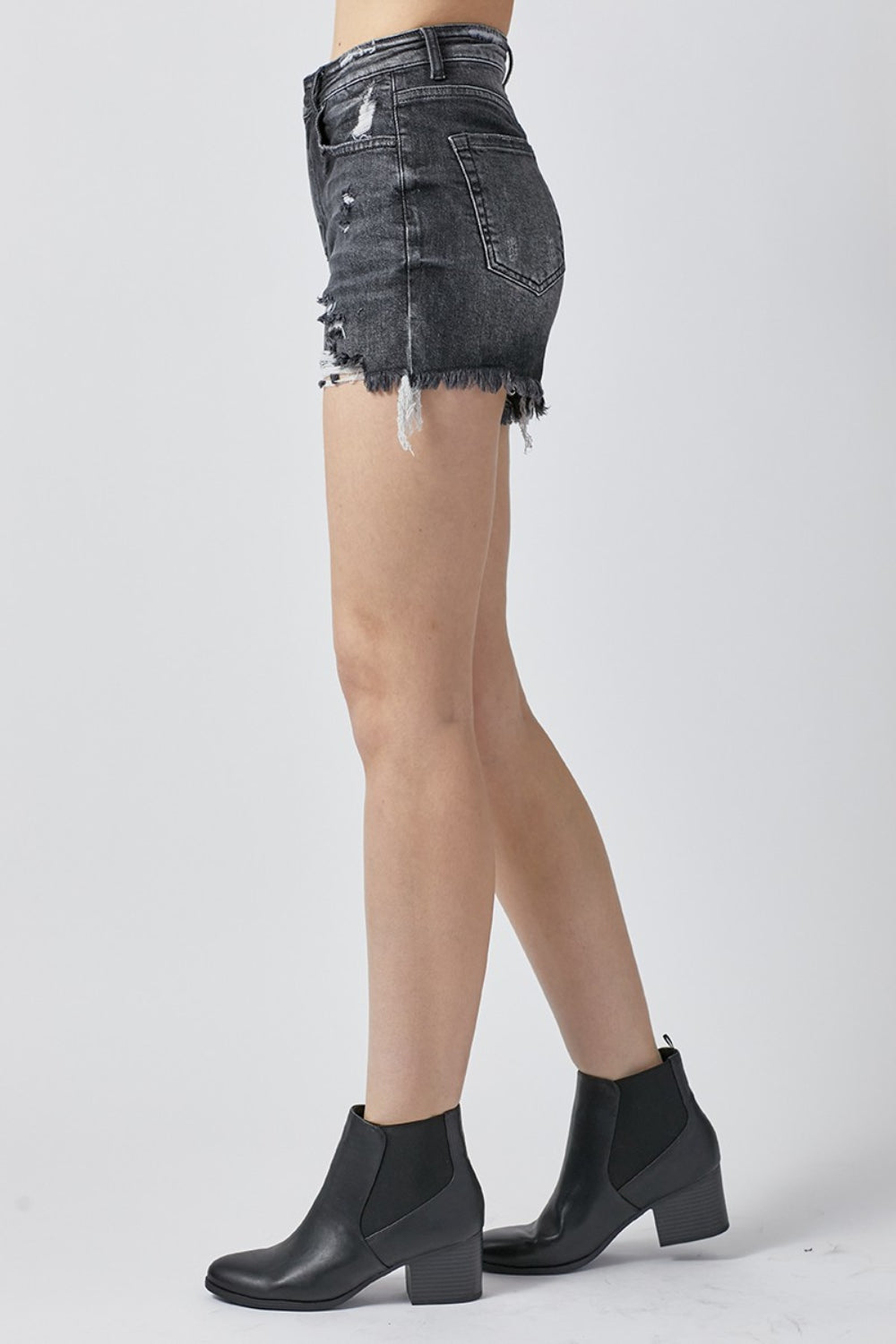 RISEN High Rise Distressed Denim Shorts in Washed Black