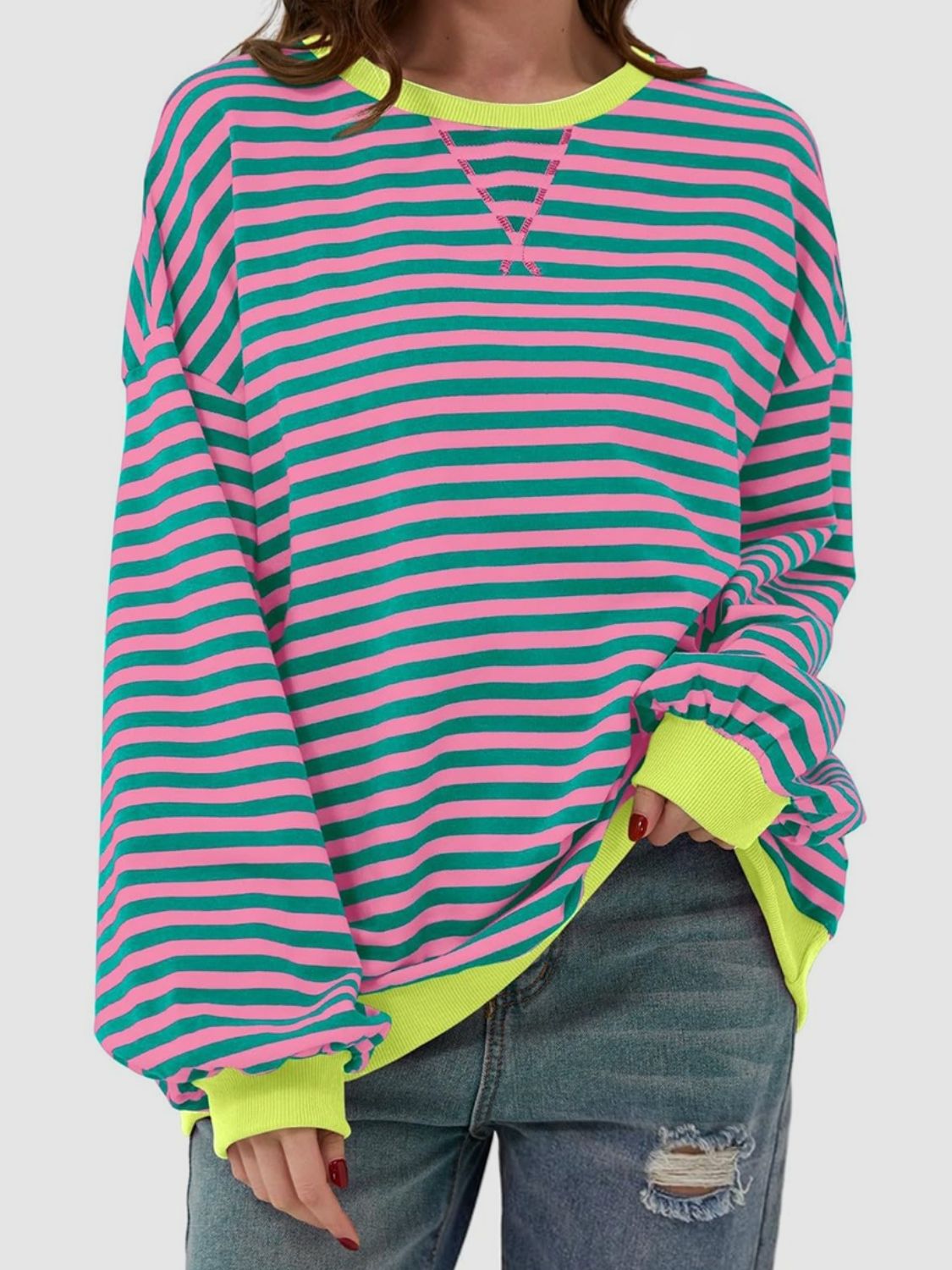 Contrast Striped Long Sleeve Oversized T-Shirt