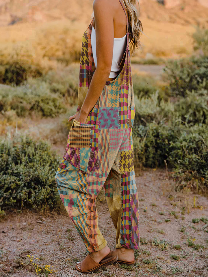 Boho Relaxed Tank Patch Pocket Jumpsuit - Patchwork