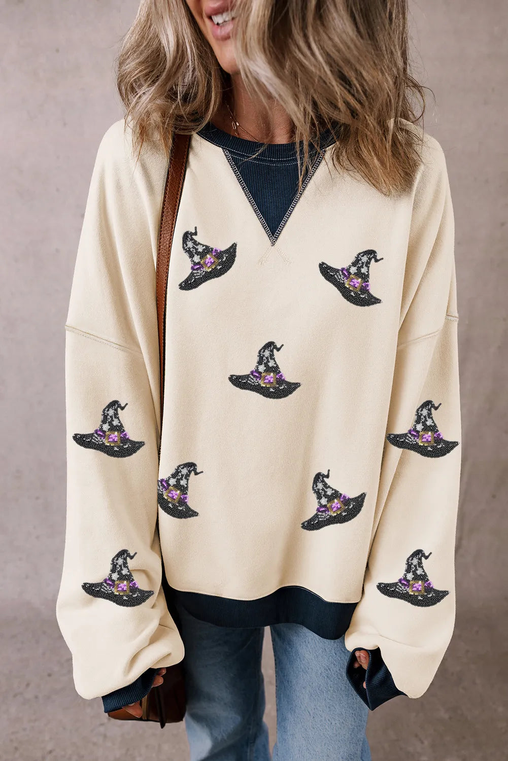 Sequin Witch Hats Print Straight Hem Sweatshirt