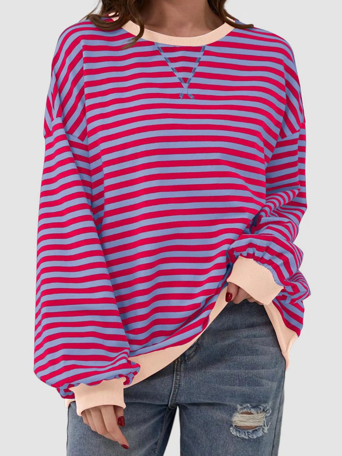 Contrast Striped Long Sleeve Oversized T-Shirt