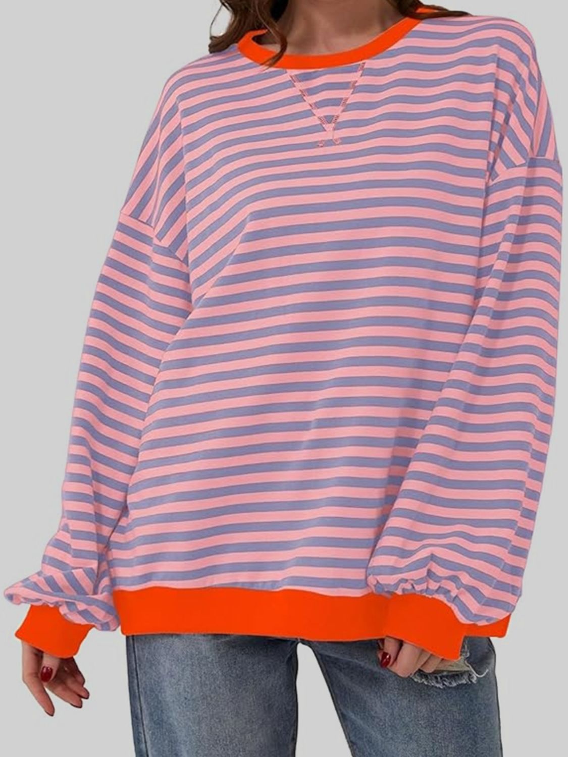 Contrast Striped Long Sleeve Oversized T-Shirt