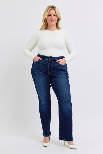 Judy Blue Frayed Hem Straight Leg Dark Wash Jeans