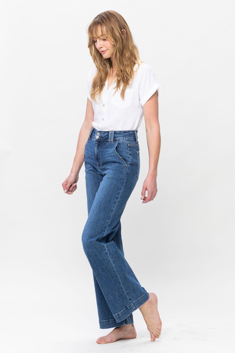 Judy Blue High Rise Double Button Crisscross Detail Wide Leg Jeans