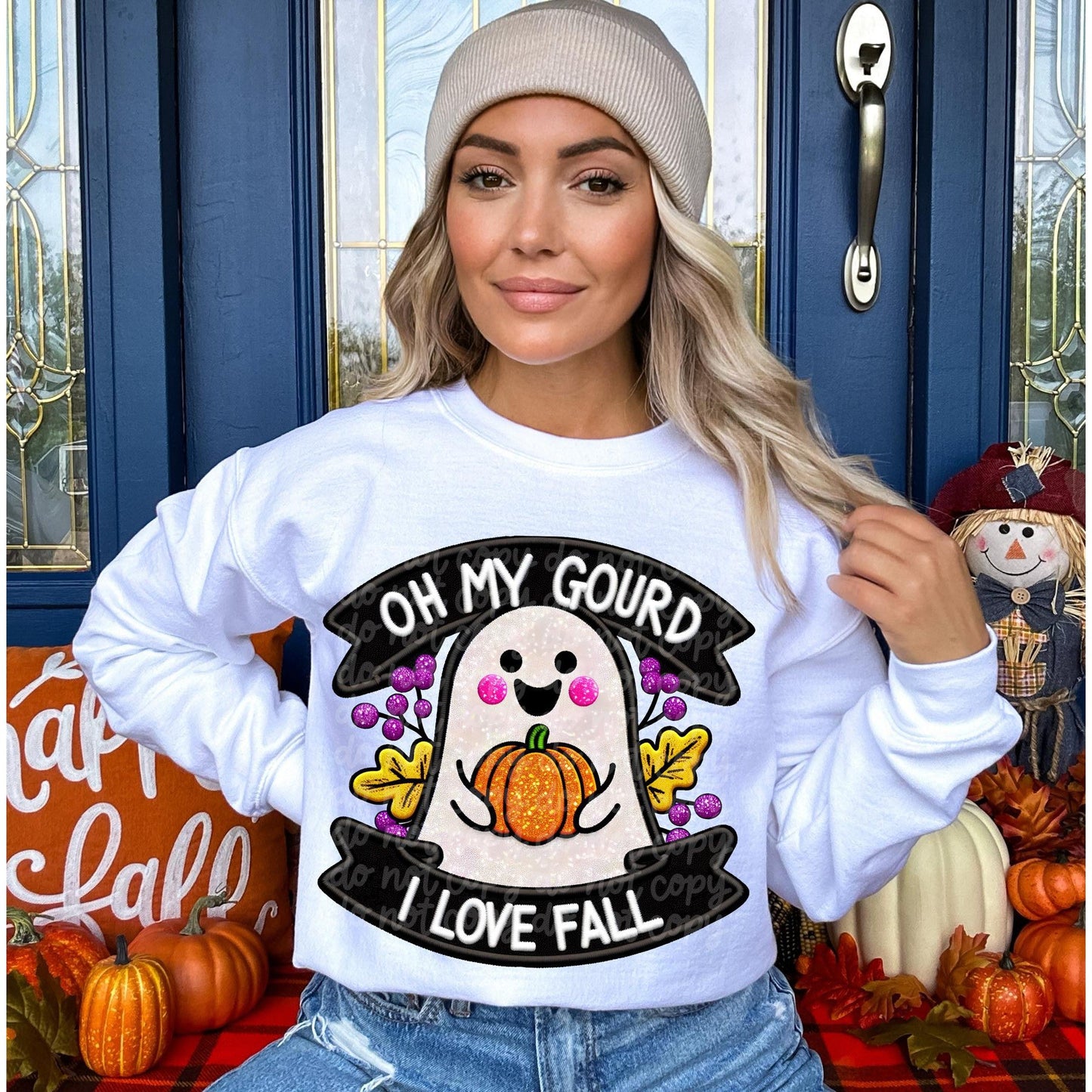 Oh My Gourd I Love Fall Faux Embroidery Sweatshirt