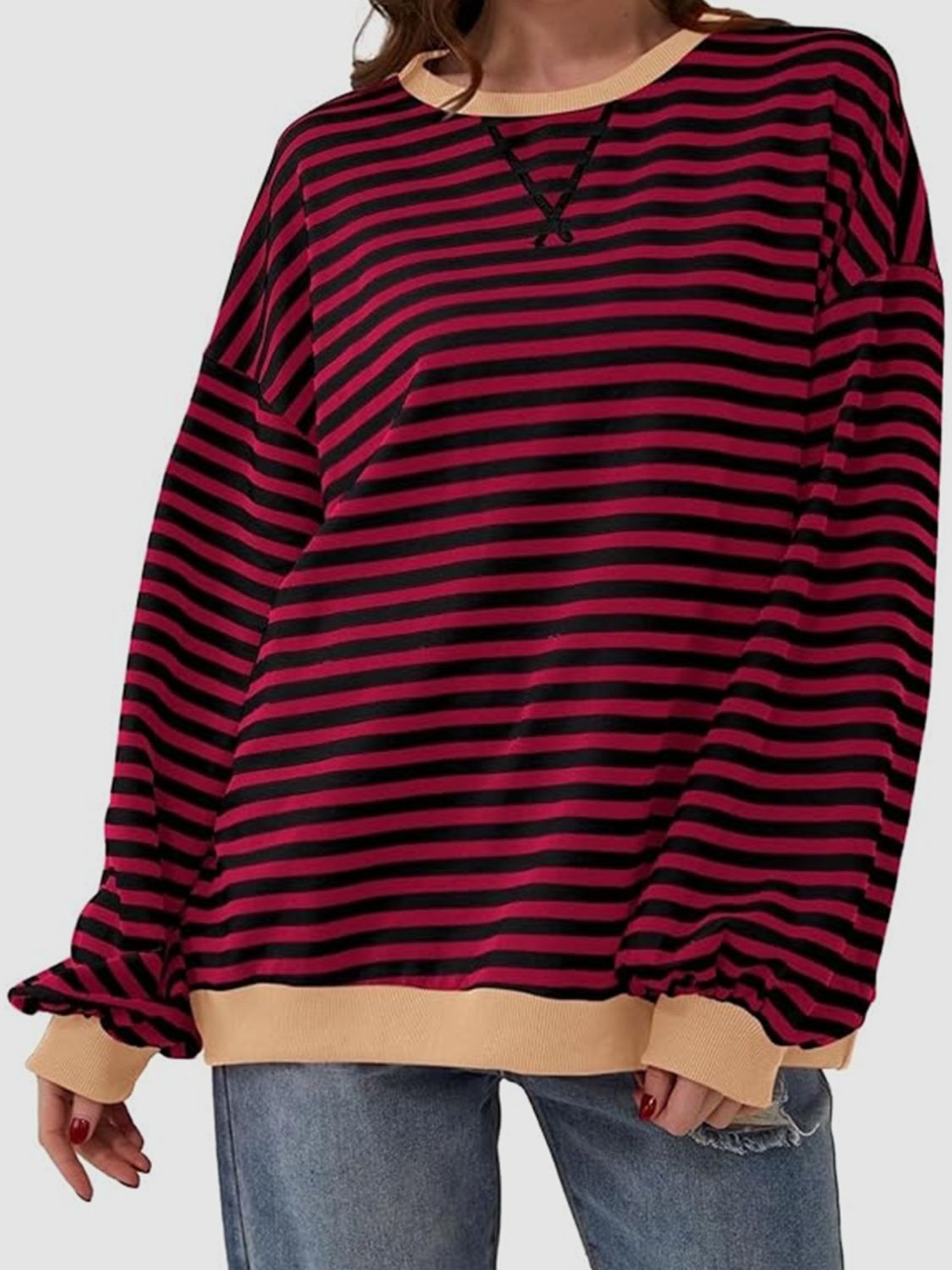 Contrast Striped Long Sleeve Oversized T-Shirt