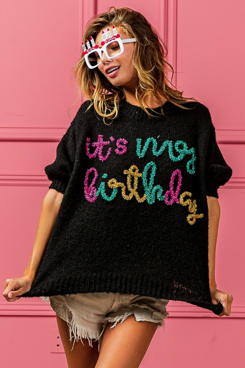 It's My Birthday Metallic Letter Puff Sleeve Fuzzy Sweater