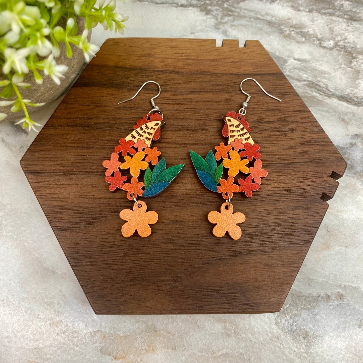 Wooden Dangle Earrings - Chicken - #5