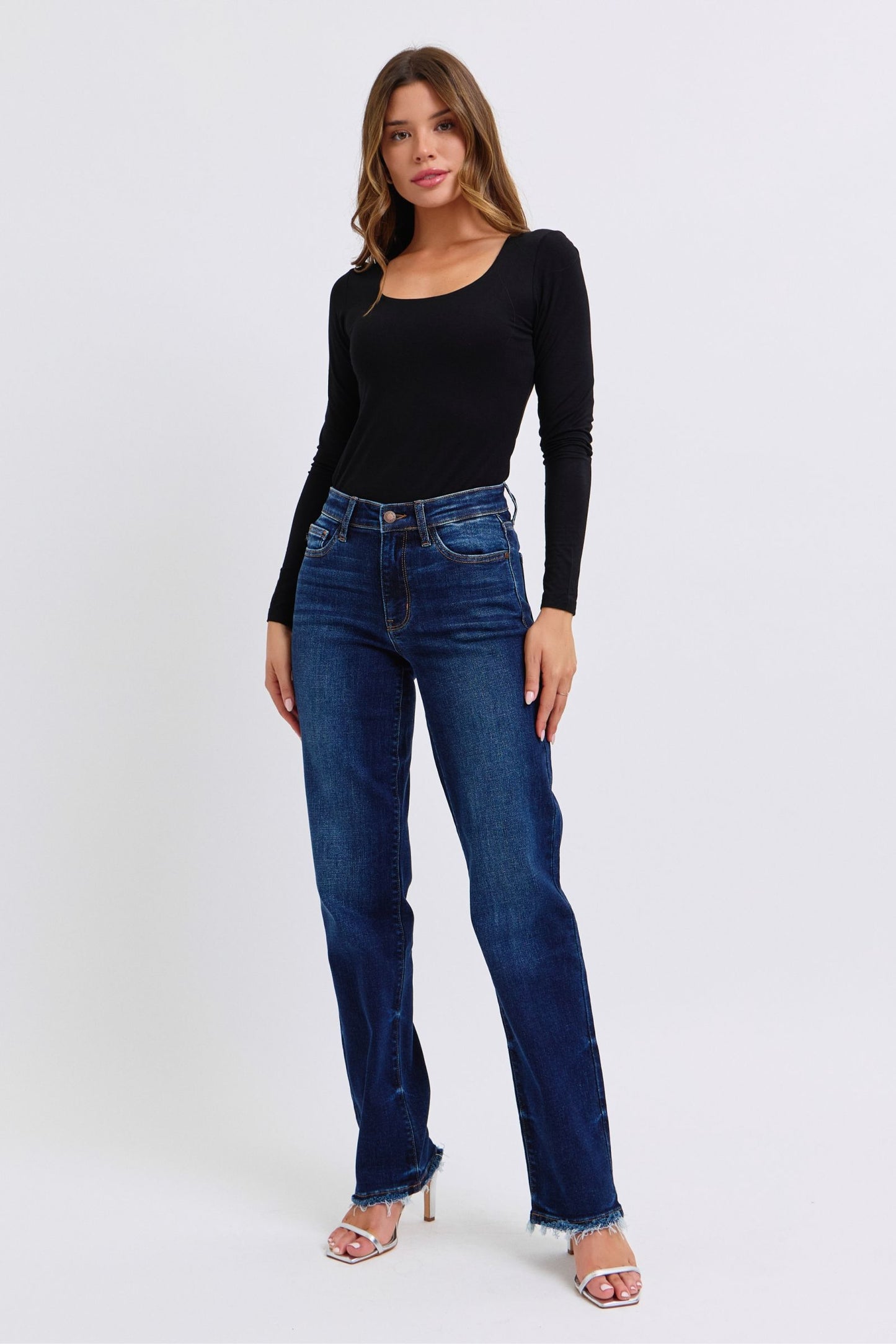 Judy Blue Frayed Hem Straight Leg Dark Wash Jeans