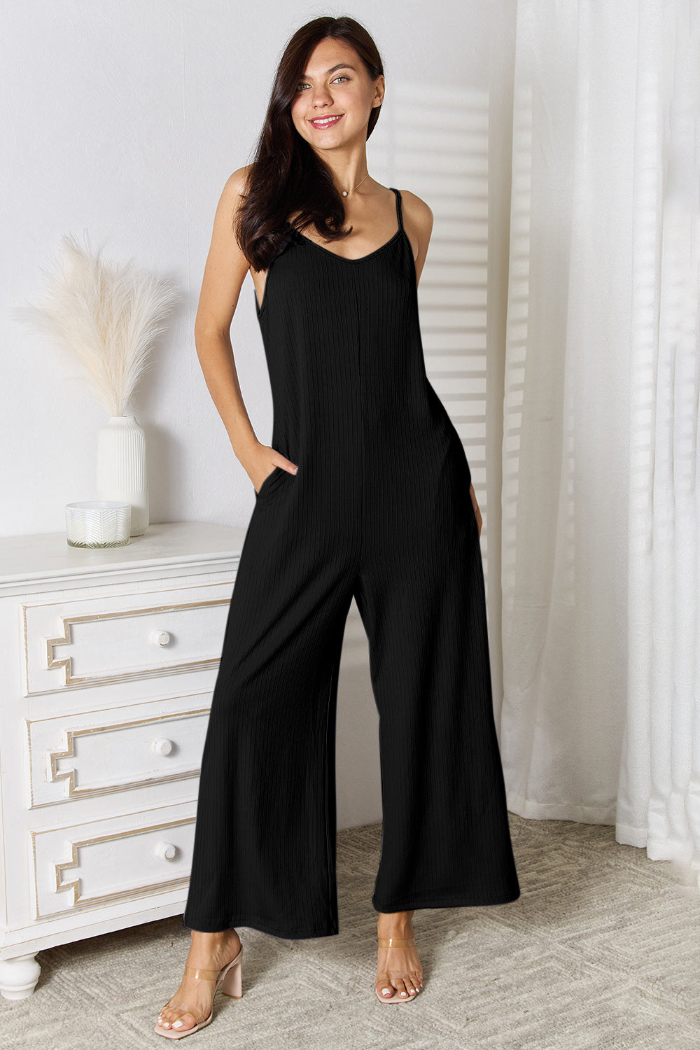 Spaghetti Strap Textured Jumpsuit - 3 Color Options