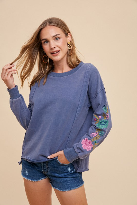 Embroidered Long Sleeve French Terry Top