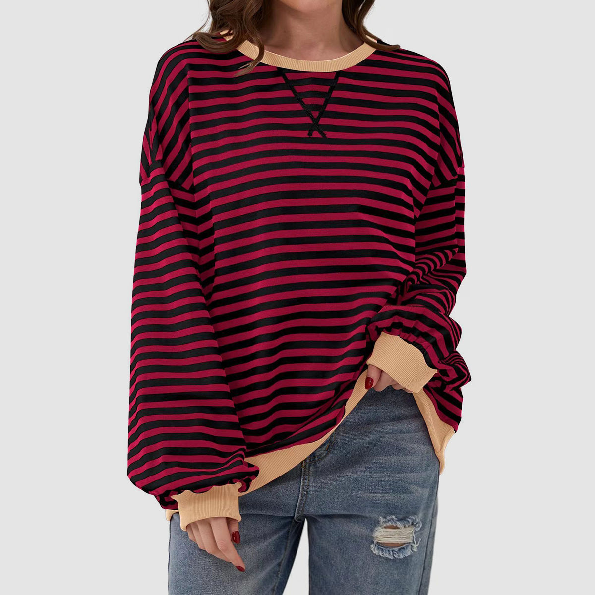 Contrast Striped Long Sleeve Oversized T-Shirt