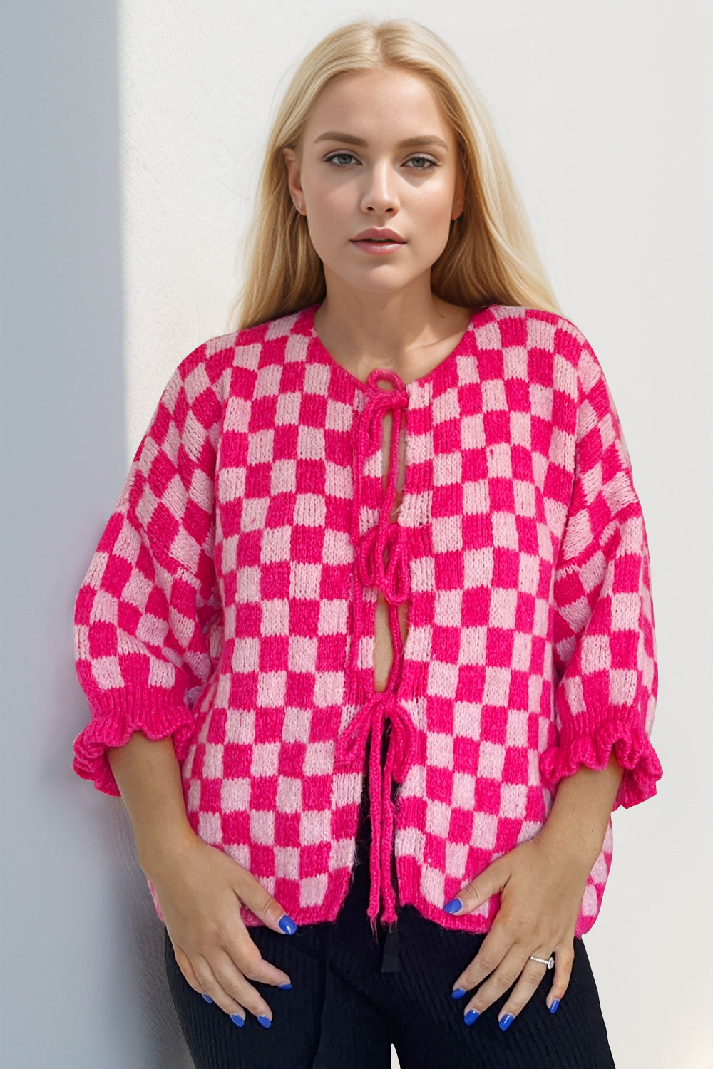 Tied Checkered Flounce Sleeve Cardigan - 7 Color Options