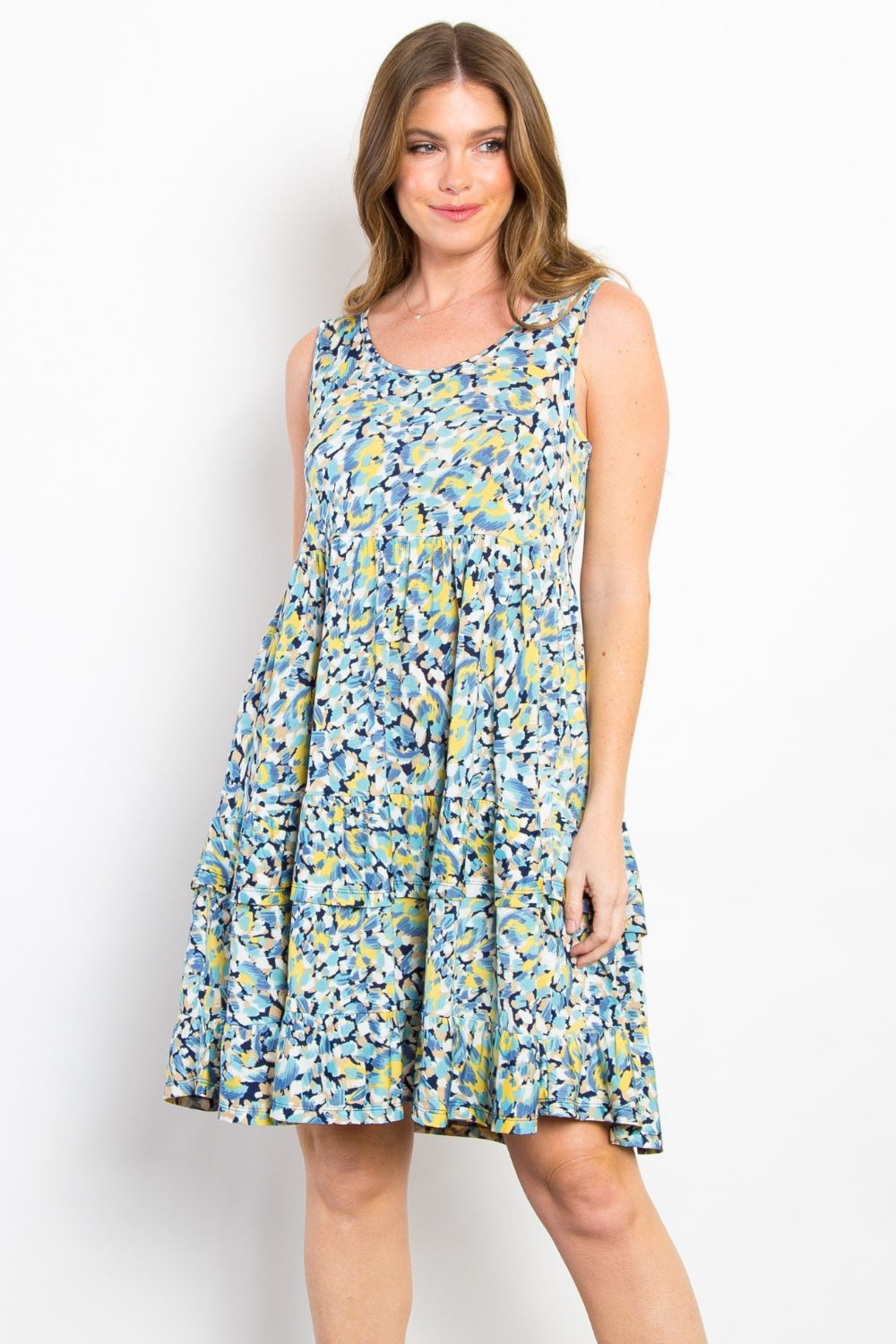 Wrinkle Free Tiered Floral Dress in Blue