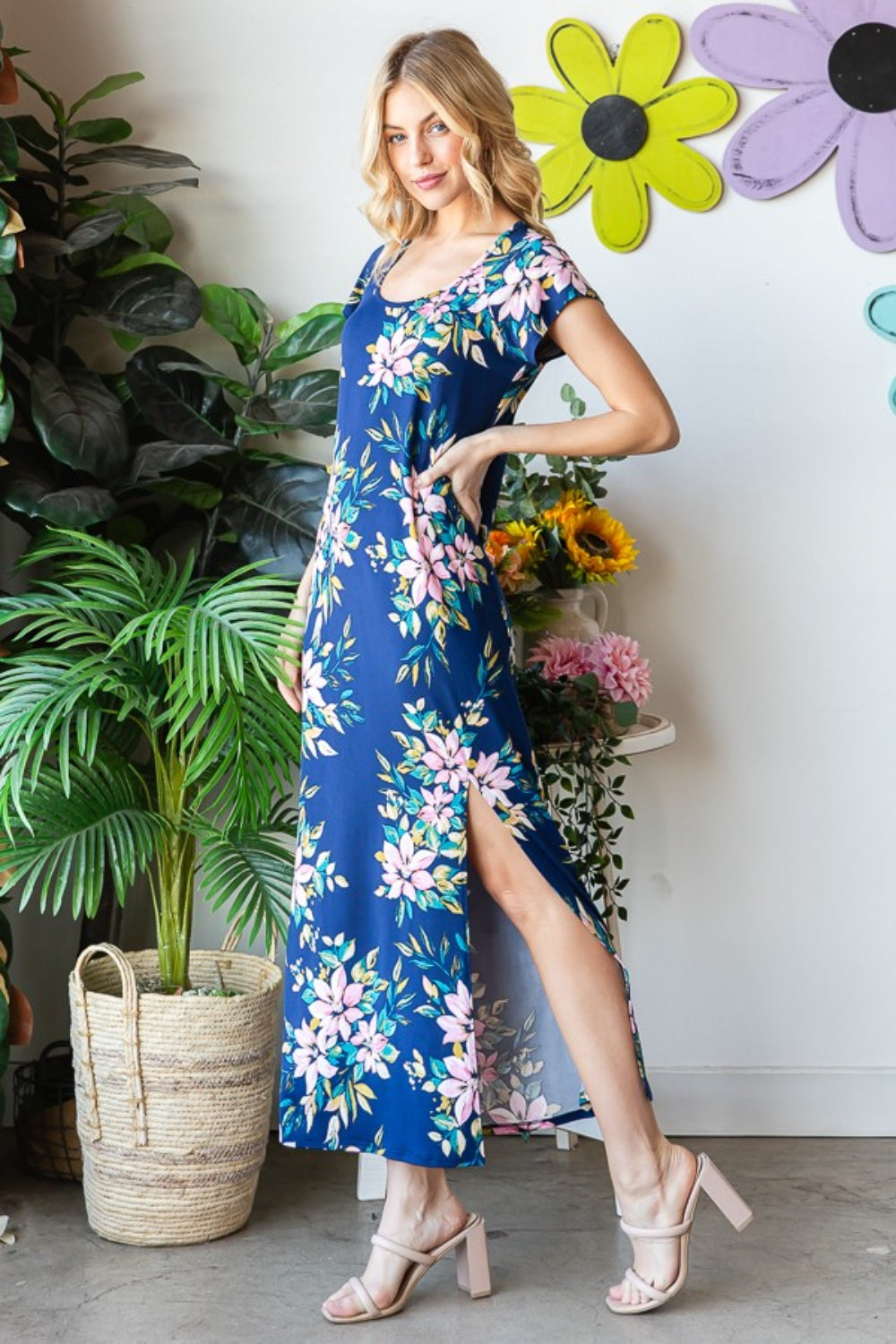 Blue Floral Short Sleeve Slit Dress