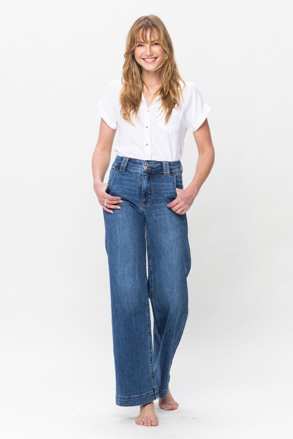 Judy Blue High Rise Double Button Crisscross Detail Wide Leg Jeans