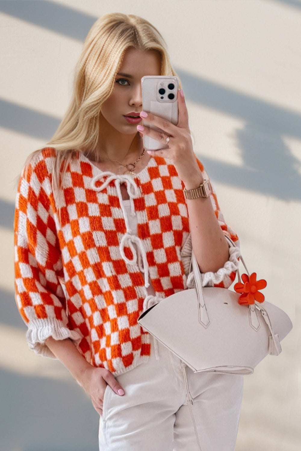 Tied Checkered Flounce Sleeve Cardigan - 7 Color Options