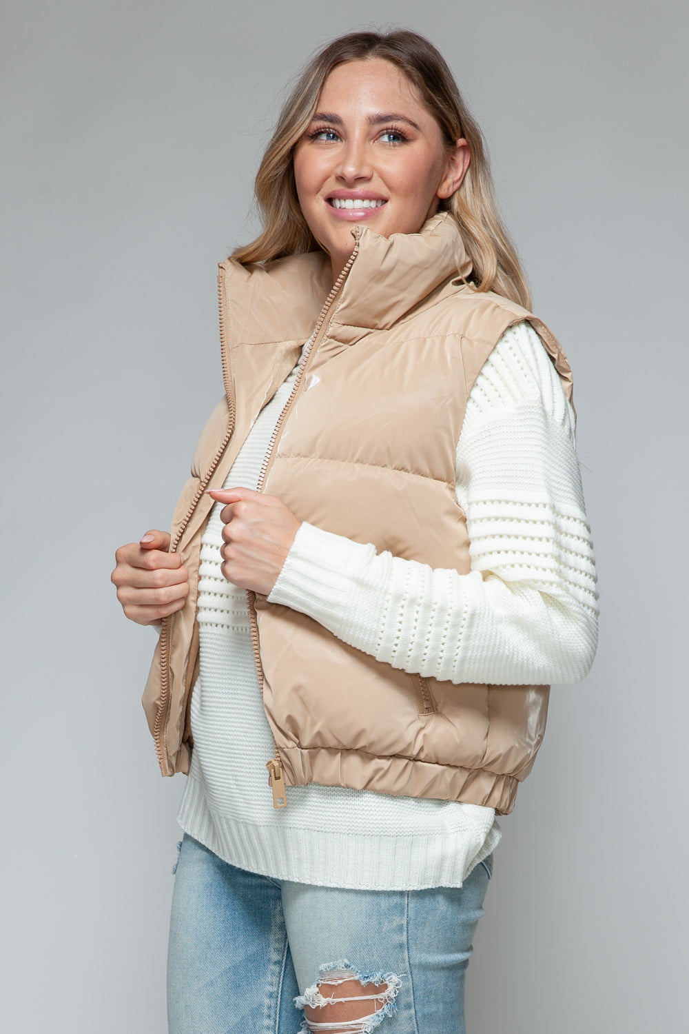 Mid Length Puffer Vest in Iced Coffee