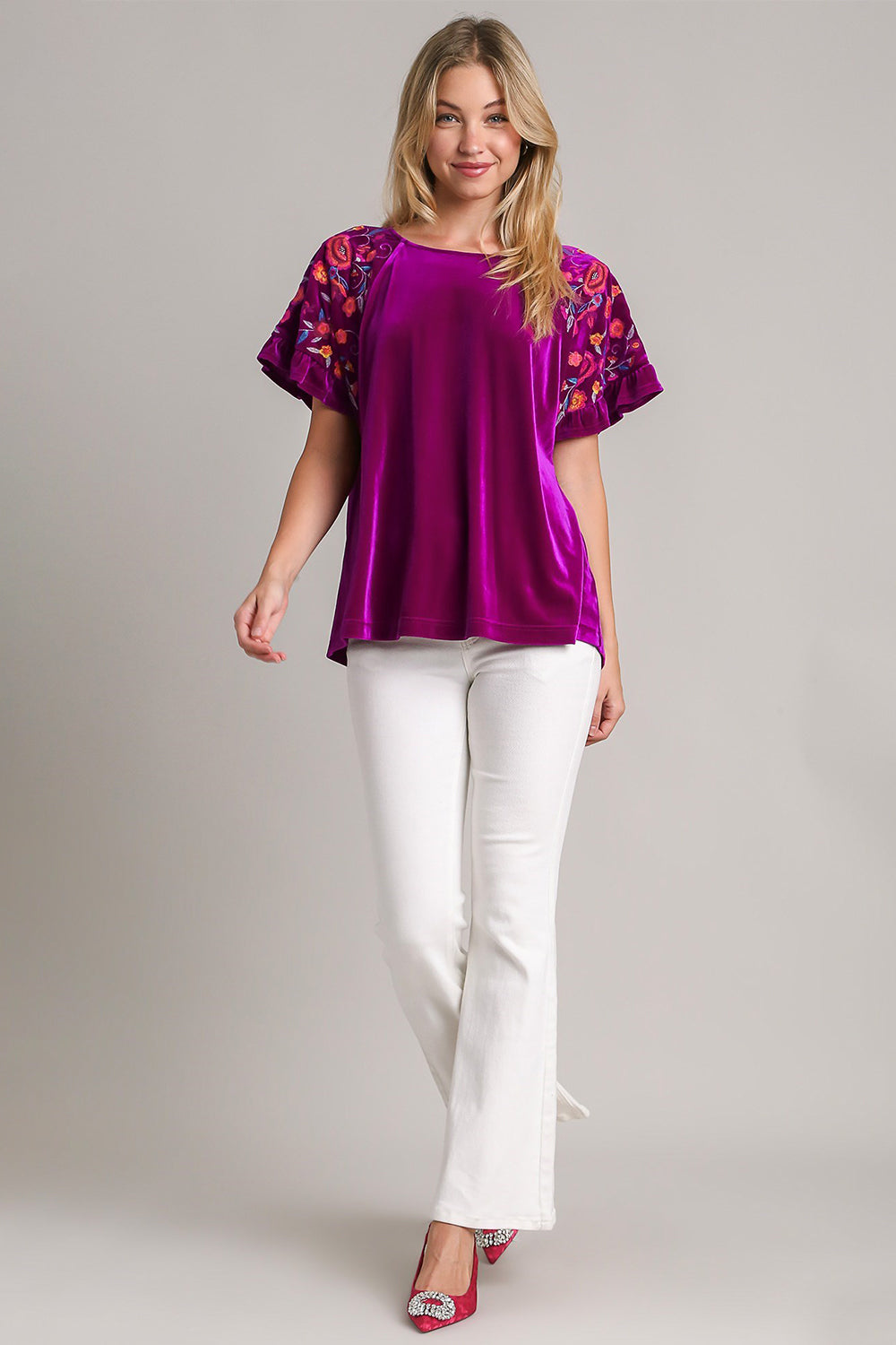 Velvet Embroidery Short Sleeve Blouse in Violet