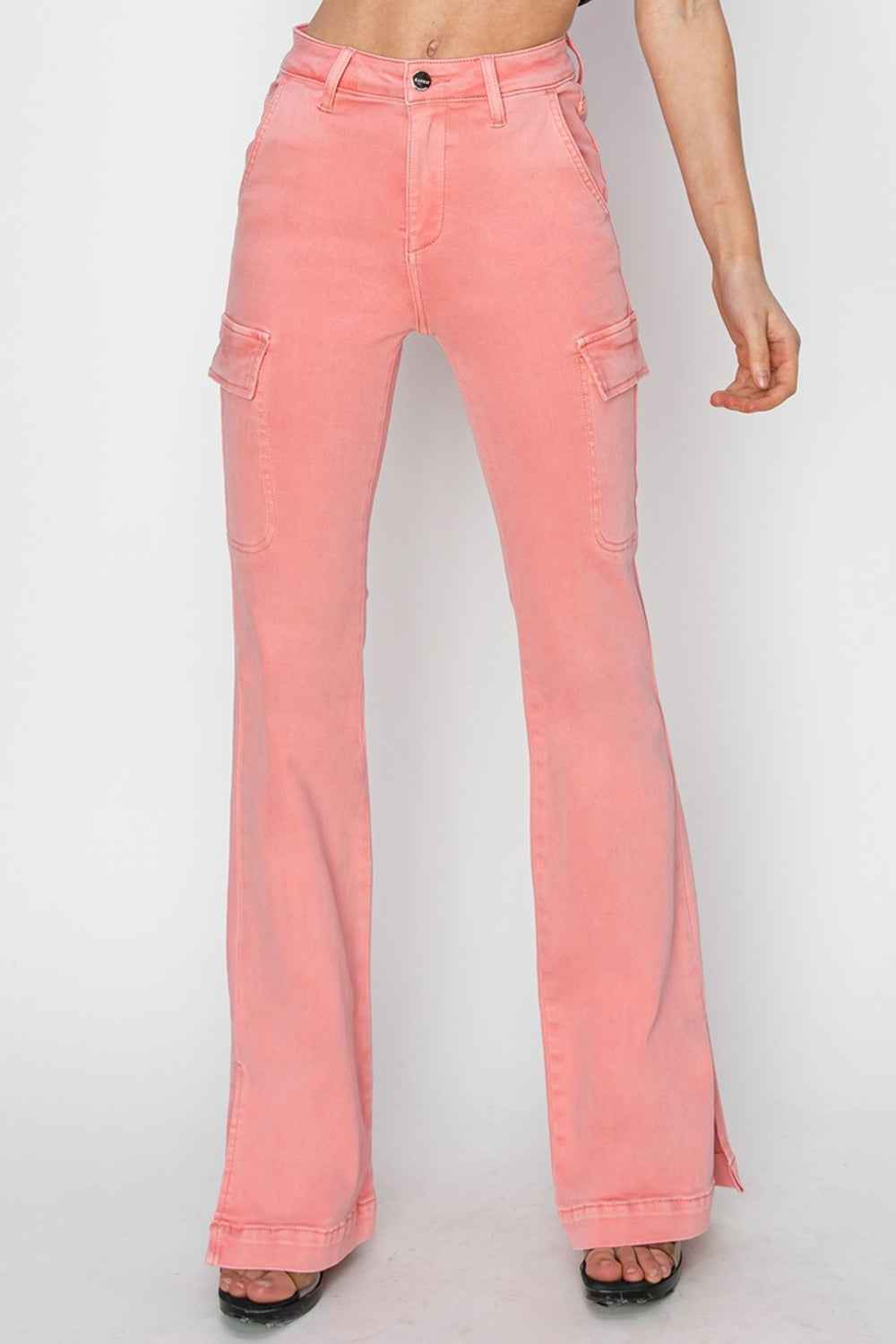 RISEN High Rise Side Slit Cargo Bootcut Jeans in Flamingo