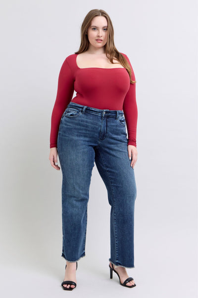 Judy Blue Mid Rise Raw Hem Wide Leg Jeans