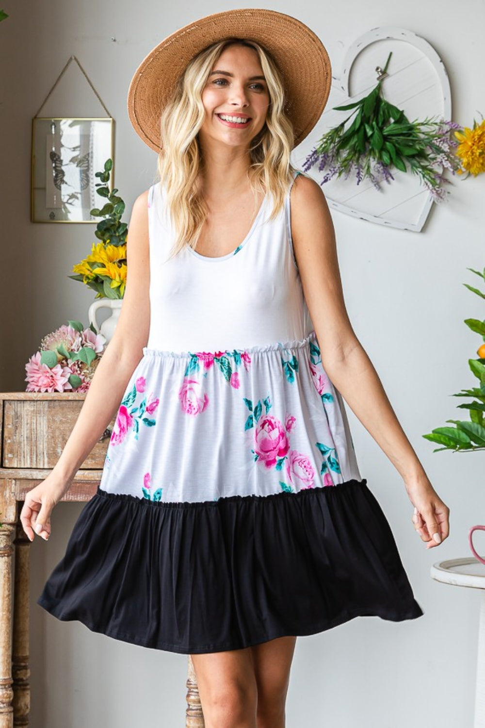 Floral Block Stretchy Tiered Dress