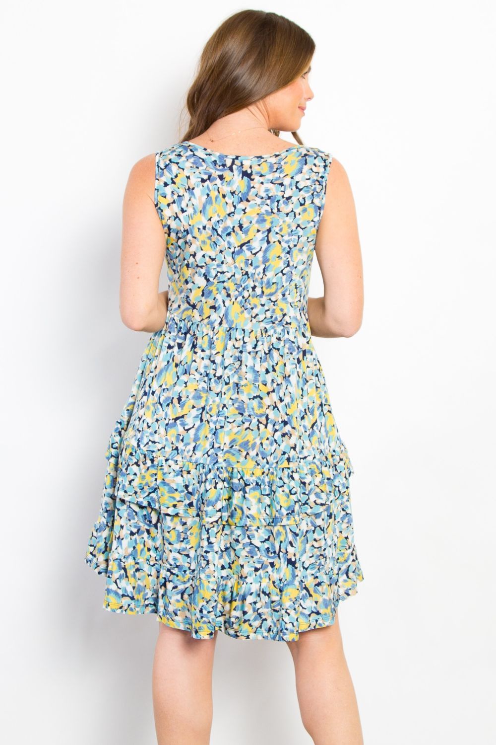 Wrinkle Free Tiered Floral Dress in Blue