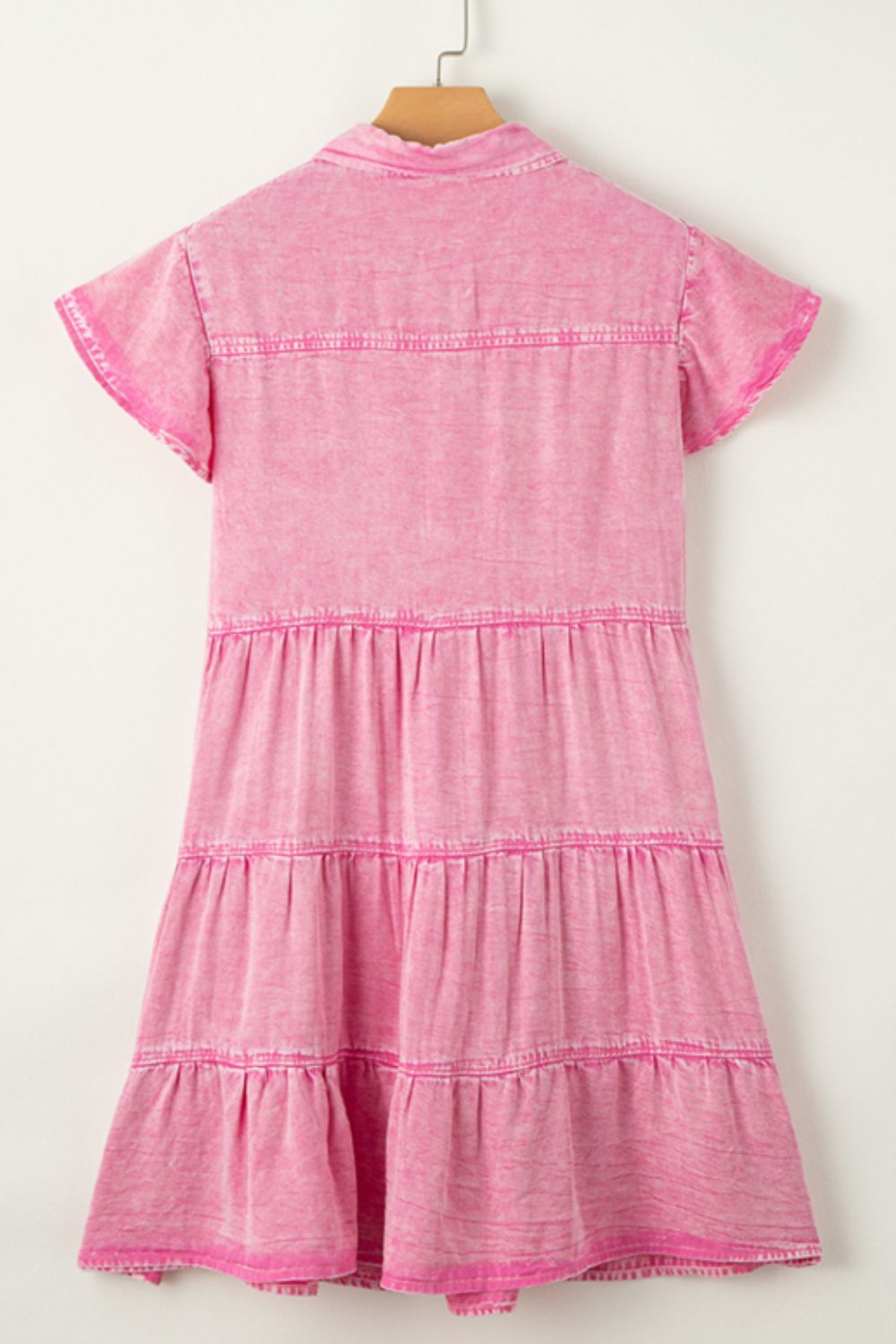 Flounce Sleeve Tiered Denim Dress in Mineral Pink