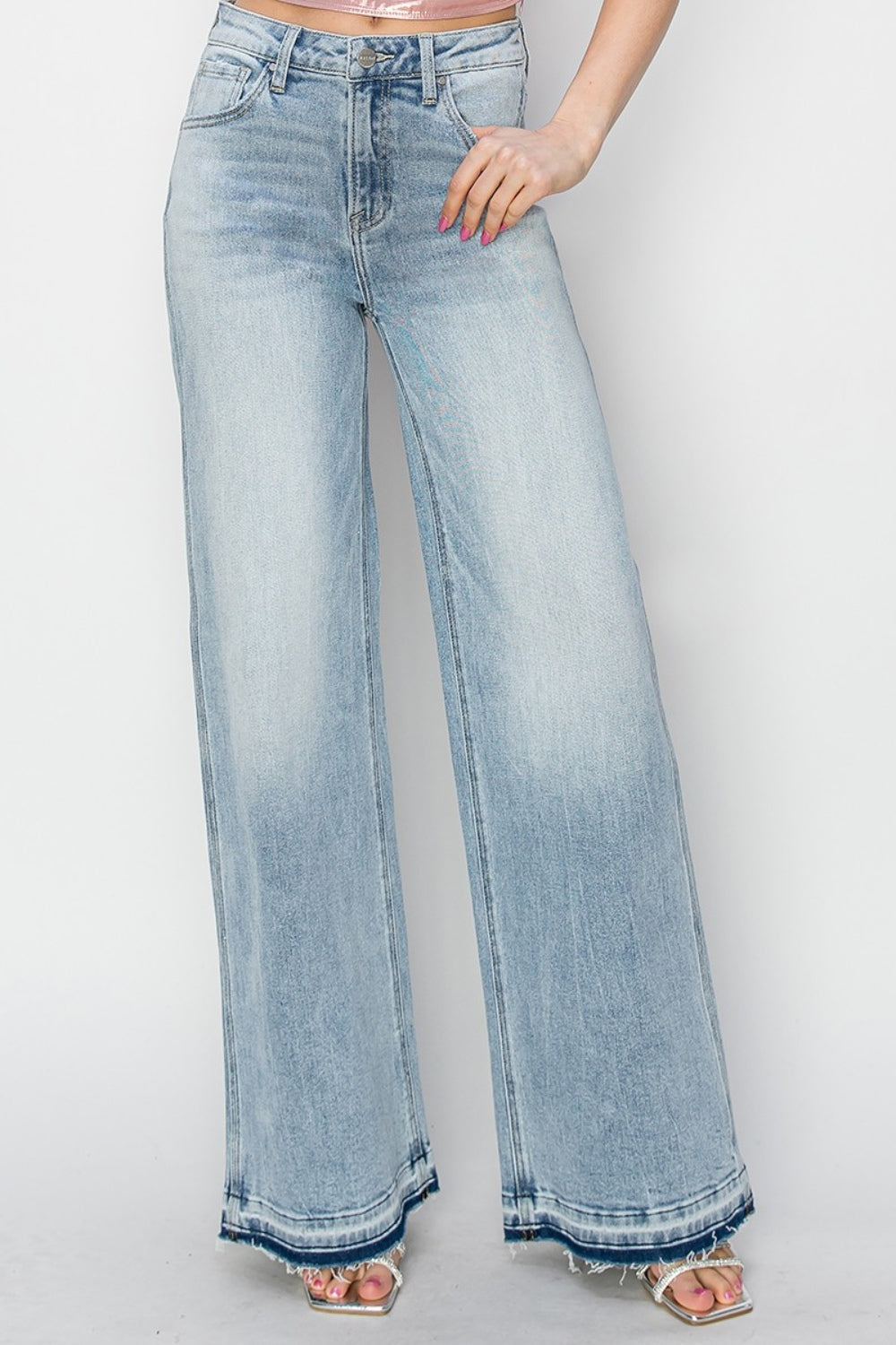 Risen High Rise Shadow Hem Wide Leg Jeans