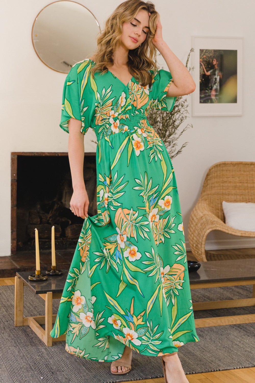 Tropical Floral Smocked Tied Back Maxi Dress