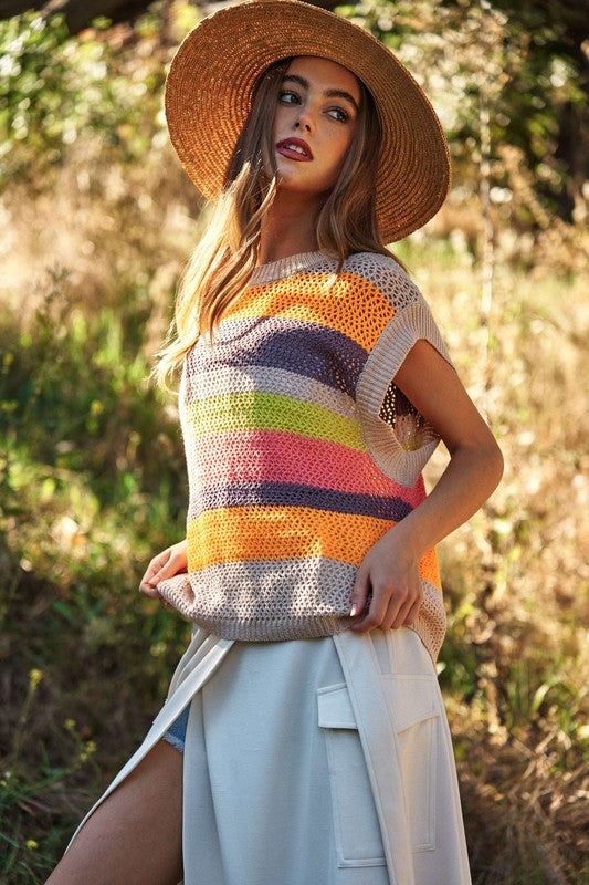 Crochet Multi Striped Pullover Knit Sweater Vest - 2 Color Options