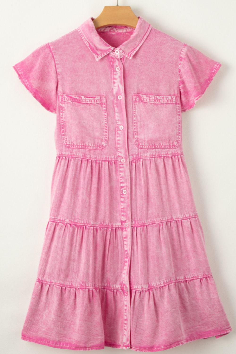 Flounce Sleeve Tiered Denim Dress in Mineral Pink